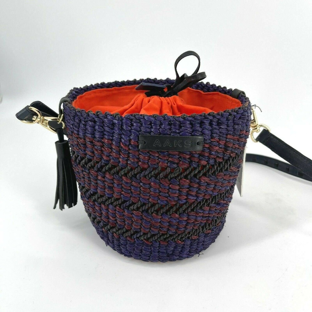 AAKS Oroo Pins Mini Raffia Bucket Bag Woven Blue and Red Cinch Close Crossbody